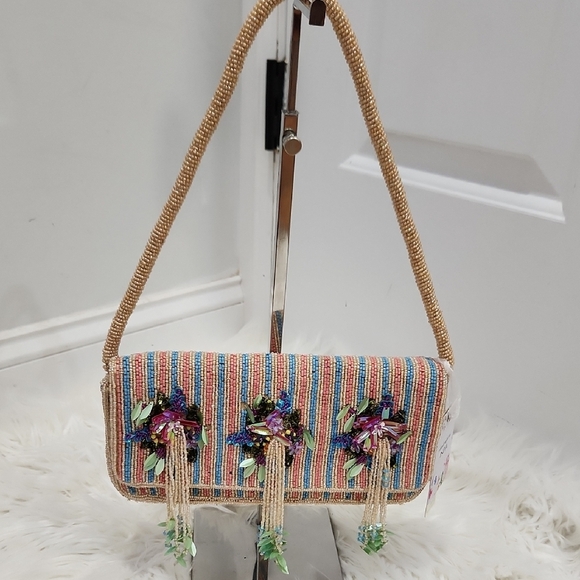 🔹️Made In india🔹️ Viral Floral Colorful Striped Beaded Fringe Shoulder Bag - Picture 1 of 10
